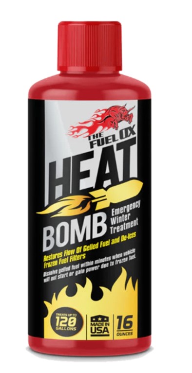 Fuel Ox Heat Bomb is a unique emergency diesel fuel treatment that will thaw and restore gelled or frozen fuel safely and efficiently. It also removes water and protects the vehicle or equipment’s entire fuel system. A little goes a long way. A 16-oz. bottle will effectively treat 120 gal. of fuel. Got a lot of fuel to treat all winter long?