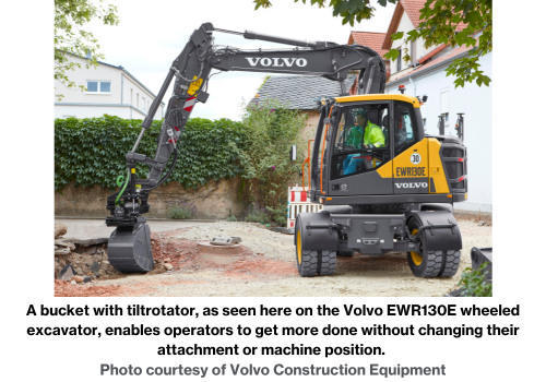 A bucket with tiltrotator, as seen here on the Volvo EWR130E wheeled excavator, enables operators to get more done without changing their attachment or machine position. Photo courtesy of Volvo Construction Equipment.