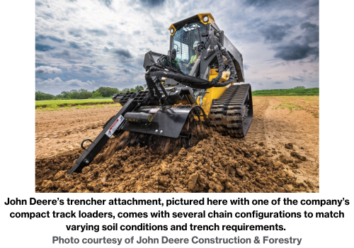 John Deere’s trencher attachment, pictured here with one of the company’s compact track loaders, comes with several chain configurations to match varying soil conditions and trench requirements. Photo courtesy of John Deere Construction & Forestry.