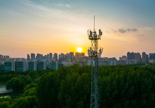 Aerial view of communications tower for mobile phone and video data transmission