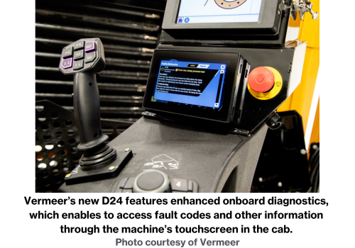 Vermeer’s new D24 features enhanced onboard diagnostics, which enables to access fault codes and other information through the machine’s touchscreen in the cab. Photo courtesy of Vermeer.